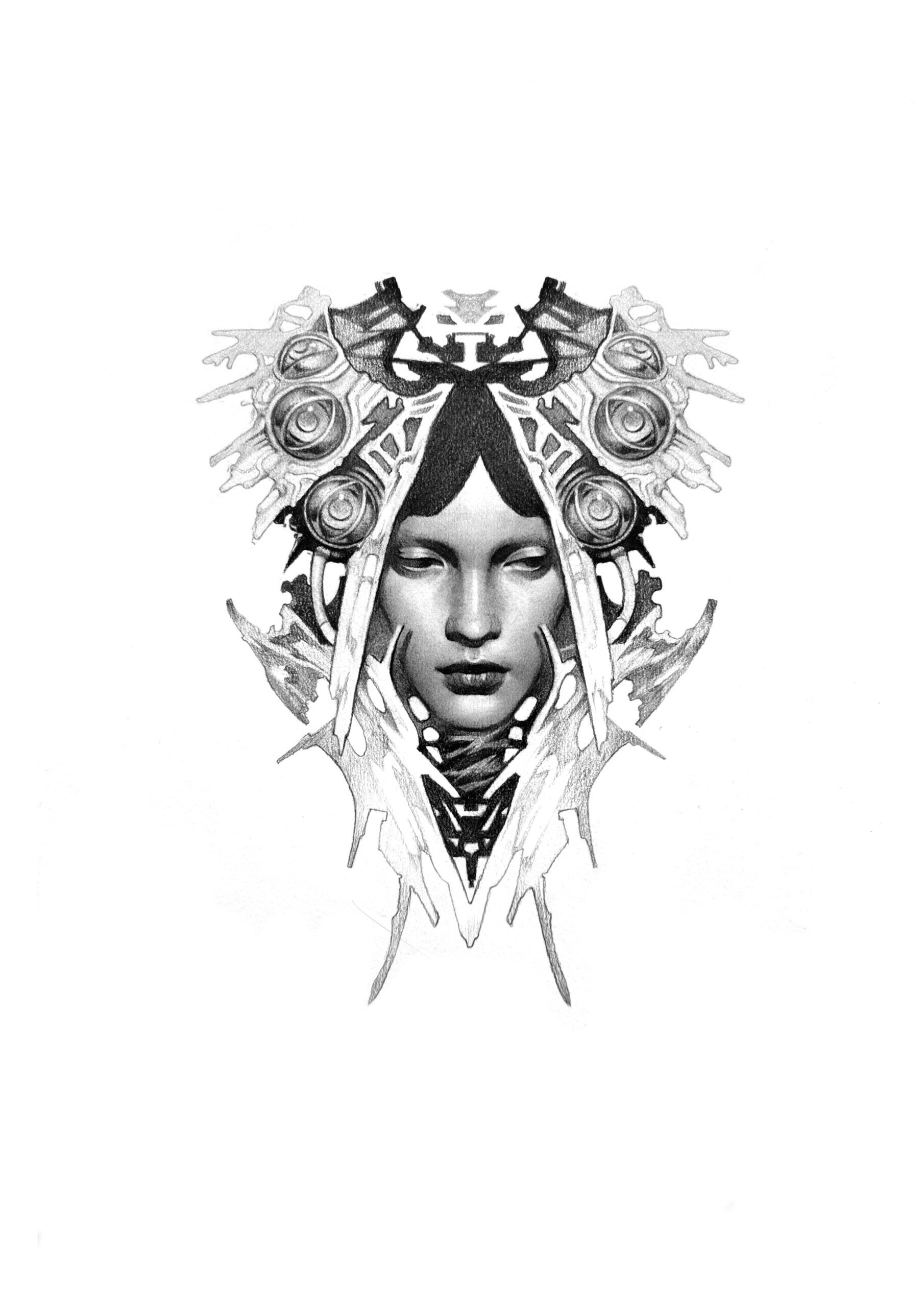 Black and grey design of a woman's face framed by ornamental geometric shapes